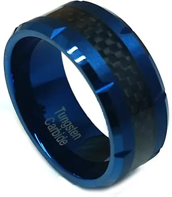 10mm Tungsten Carbide Blue IP Beveled Edge With Cuts & Black Wedding Band Ring • $33.60