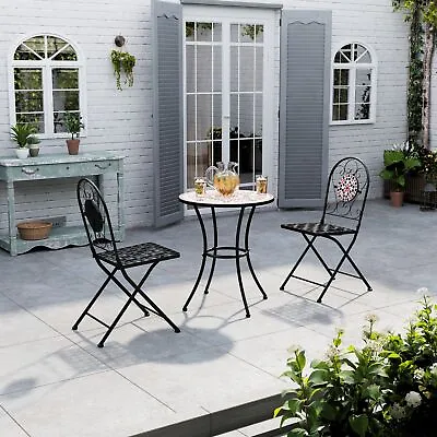 Garden Furniture Bistro Set Metal Dining Table Folding Chair Seat Mosaic Leisure • £145.95