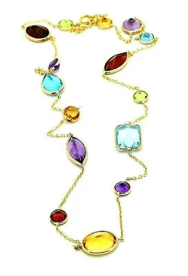 14K Yellow Gold Station Necklace With Multi-Shaped Gemstones By The Yard 24 Inch • $355