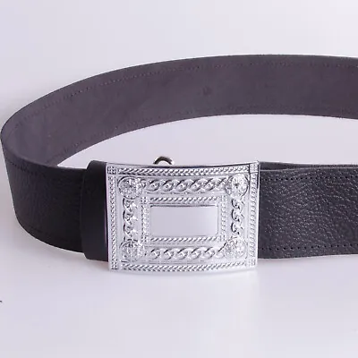 Black Leather Scottish Kilt Belt |  Highland Wear Chrome Buckle Mild Grain • £14.99