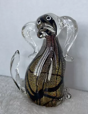 Murano Style Art Glass Dog Clear Glass With Gold & Black Swirls Heavy 6 1/2” • $24