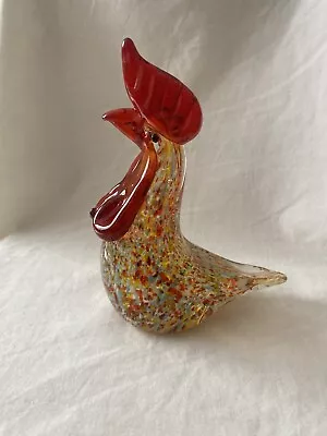 Hand Blown Art Glass Rooster Figurine Murano Style Red Yellow Blue Speckled • $18