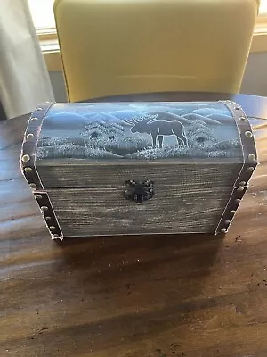 Vintage Handmade Wooden Trinket Box/Chest Moose Hand Painted Leather Trimmed • $35