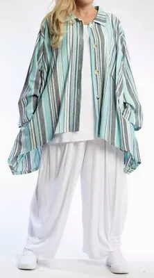 PLUS SIZE BLUE/MULTI LINEN BLEND STRIPED 2 POCKETS  A-LINE JACKET Size 30-36 • £89