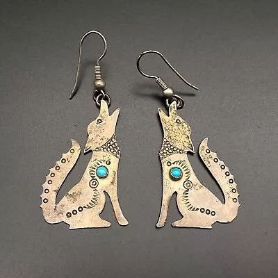 Vintage Southwestern Coyote Or Wolf Turuoqise Stamped Silver Dangle Earrings • $125