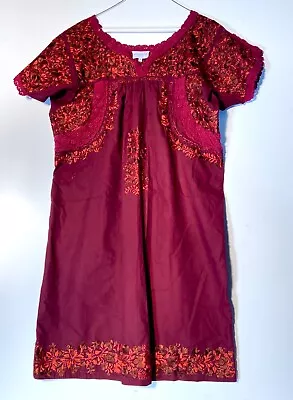 Mi Golondrina Maroon Embroidered Cotton Red Dress With Crochet Women's Med. • $150