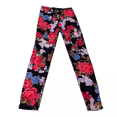 Women's Leggings Pants One Size Stretch Black Floral Rose Print Elastic Waist  O • $10