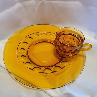 Vintage Indiana Amber Glass Kings Crown Snack Luncheon Plate & Cup Set. • $10.95