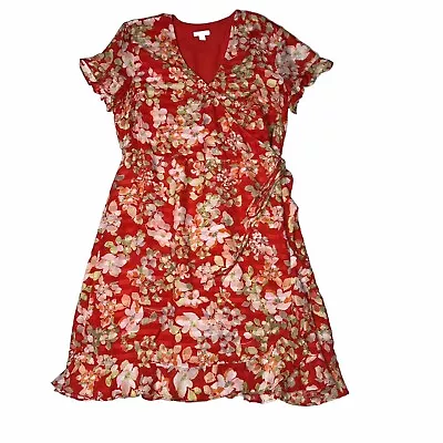 J. Jill Womens Medium Floral Wrap Dress Red Orange Ruffled Lined Side Tie Spring • $15.99