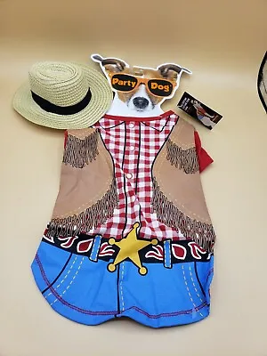 $9.95 • Buy Cowboy Dog Puppy Halloween Costume W/ Straw Hat NWT Size XS/S 2 Piece Set