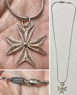$27.99 • Buy Vintage PAOLO ROMEO Italy Sterling Silver MALTESE CROSS Snake Chain Necklace 18”