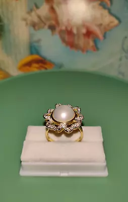 14KY Gold White Mabe Pearl White Diamonds Ruffle Flower Ring  - Sz. 8.25 • $415