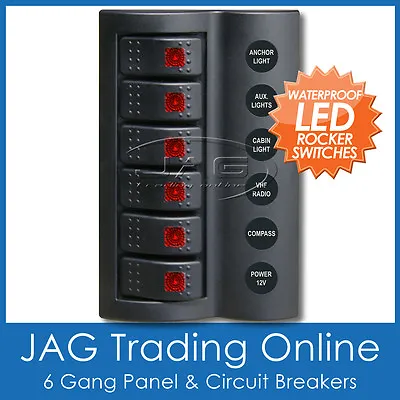 6 Gang Deluxe Led Rocker Switch Panel & Circuit Breakers -waterproof/boat/marine • $64.18