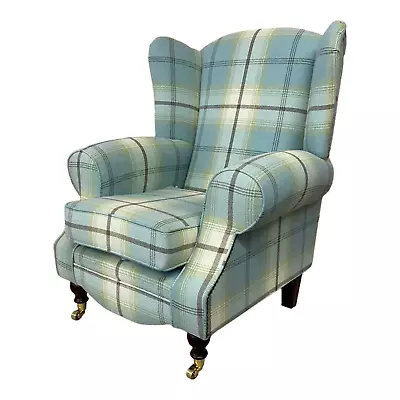 Wing Back Queen Anne Cottage Chair Balmoral Duck Egg Blue Tartan  Dark Wood Legs • £479