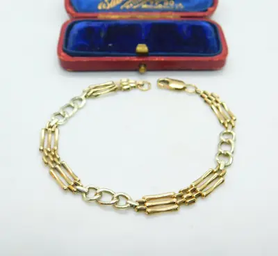 9ct Yellow Gold Gate Bracelet With White Gold Curb Link Spacers Vintage C1970 • £225