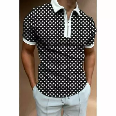 Polo T Shirt Men Zipper Collar Polka Dot Black White Trim Contrast Zip Golf Tee • $19.98