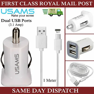 Dual USB Car Charger Plug & 1M Type C USB Cable For Samsung Galaxy Phones-White • £7.49