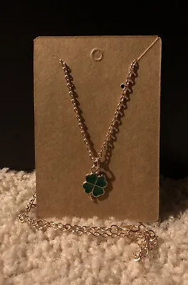 Four Leaf Clover Charm Necklace - Dark Green - Handmade  • $6.50