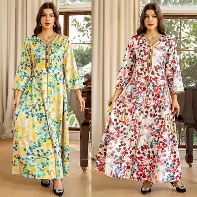 Muslim Maxi Dress Women Modest Floral Kaftan Dubai Abaya Moroccan Evening Gown • $46.97