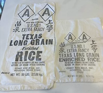 Two (2) Vintage AA BRAND TEXAS RICE 50 Lbs And 25 Lbs Rice Bag Sacks Nice • $14.99