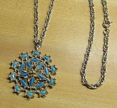 VTG  Blue Turquoise Color Silver Tone Chunky Open Work Floral Pendant Necklace • $12.95