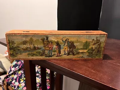 Vintage Wood Pencil Box With Scene And Lock On Front (no Key) • $15