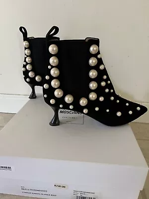 MOSCHINO Couture! Black Suede Ankle Boots White Pearls IT38/US 8 • $98