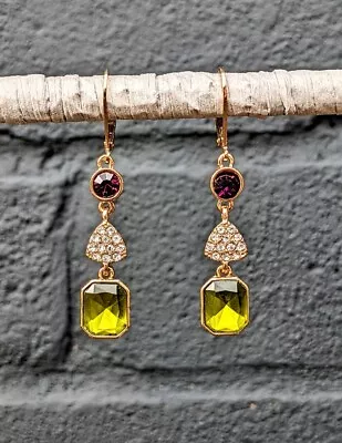 Gold Plated Purple & Green Crystal Set Lever Back Drop Dangle Earrings • £12.99