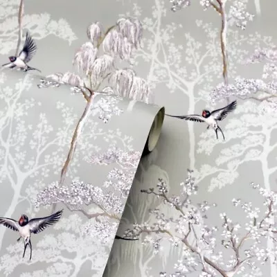 Arthouse Japanese Garden Grey Floral Birds Wallpaper 908105 • £13.85