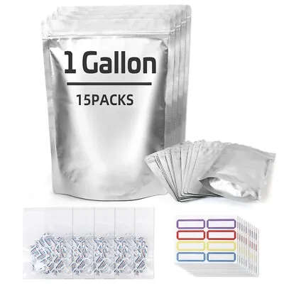 $11.99 • Buy 15PCS Resealable Food MYLAR Storage Bags 1 Gallon With 300CC Oxygen Absorbers