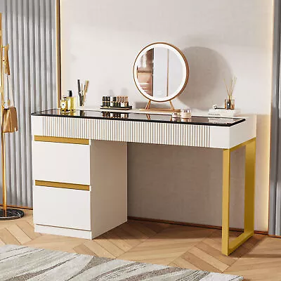 White Modern Makeup Table 4-Drawer Vanity Desk With Glass Top (Without Mirror) • $181.98