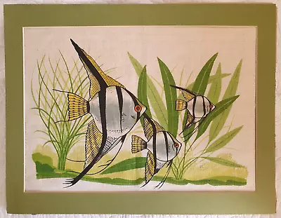 Vintage Mid Century Linen Printed Fish Picture Matted Seaweed Lime Green Retro • $19.99