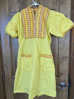 Vintage Yellow Mexican Embroidered Peasant Dress Women S FLAWS • $29