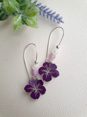 £4.90 • Buy Purple Hibiscus Summer Flower Beaded Long Drop Earrings+Gift Bag