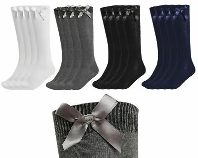 New Girls Up To 3 Pk Value Knee High Bow Detail Back 2 School Cotton Rich Socks • £6.99