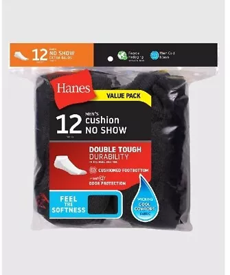 Hanes Men's Double Tough Cushion No Show Black Socks 12 Pair Pack Size 6-12 • $19.99