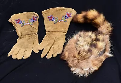 Vintage Youth Raccoon Hat & Deer Skin Indian Beaded Gloves (#300) • $55