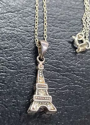 Vintage 925 Silver Signed SU Eiffel Tower Marcasite Pendant 18   Chain Necklace • $19.99