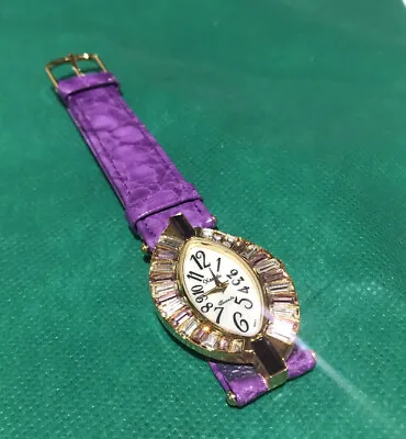 Vintage Ladies Watch Purple Leather Band Xanadu White Purple Crystals • $3.50