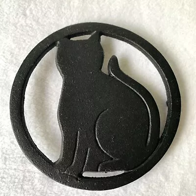 Vintage Cast Iron Black Cat Trivet Hot Plate Footed Round Kitty Meow Kitten • $15