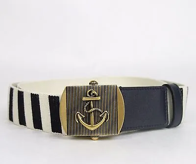 New Gucci Men's Navy White Fabric Belt Military Anchor Brass Buckle 375191 4056 • $179.99