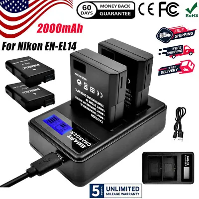 2× 2.0Ah EN-EL14 Battery+Dual Charger For Nikon D3100 D3200 D5300 D5200 D5100 US • $22.99