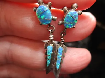 Vintage Navajo Zuni Sterling Silver Fire Opal Turtle Feather Dangle Earrings 925 • $49