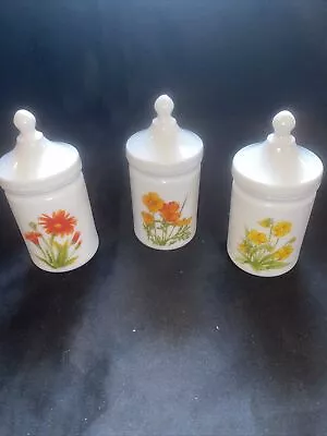 Vintage France Milk Glass Vanity Apothecary Jar Set Dome Lids Bright Florals 6  • $31.20