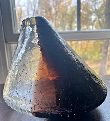 Vintage Hand Blown 2 Tone Dark Amethyst & Clear Crackle Art Glass Vase Excellent • $15
