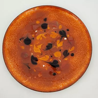 Vintage 7  Signed SFA Enamel On Copper Plate Orange Leaves Brown White • $25