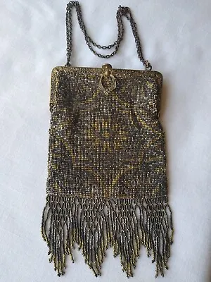 Antique French Micro Cut Steel Beaded Handbag Or Purse With Fringe 1920’s • $55