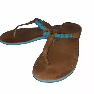 Ugg Sandals Women's Chestnut/teal Navie Ii Leather Jute Flip-flop Style Sz 6 • $17.50