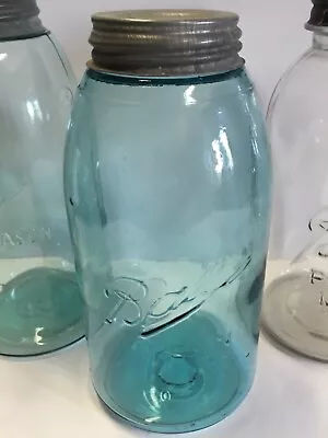 Vintage Ball Mason 1/2 Gallon Fruit Jar Aqua Blue Ball Zinc Lid 1900-1911 4 Dots • $14.95