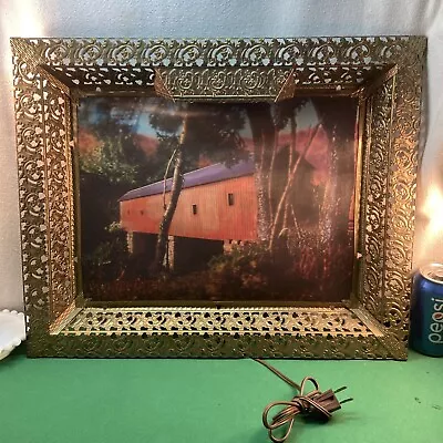 Vtg Mid-Century COVERED BRIDGE 3D Print Metal Filigree LIGHTED Frame WORKS! • $67.49